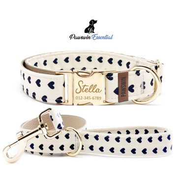 Cream Heart Dog Essential Bundle - Custom Dog Collar and Leash - Personalized Engraved Collar - Adjustable Size - Metal Buckle