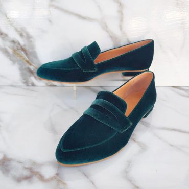 Women's Velvet Loafers, Emerald Stylish Low Heel Moccasins, Unique Slip-on Velvet Shoes, Classic Office-Appealing, Pointed-toe Flats