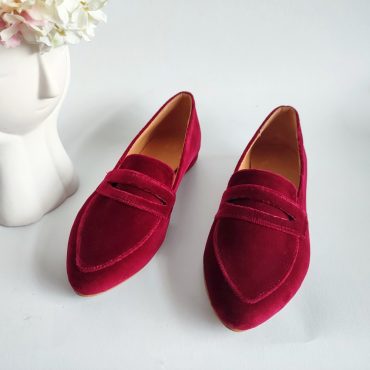 Burgundy Velvet Moccasins, Ladies Velvet Short Heel Loafers, Dark Red Velvet Slip-on Shoes, Pointed-toe Shoes, Elevate Your Office Style