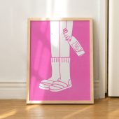 Socks, slippers, and wine art print in pink - Hand-drawn illustration - Aesthetic fun wall art - Trendy bar cart or kitchen poster