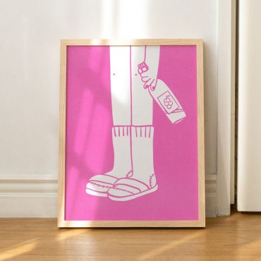 Socks, slippers, and wine art print in pink - Hand-drawn illustration - Aesthetic fun wall art - Trendy bar cart or kitchen poster