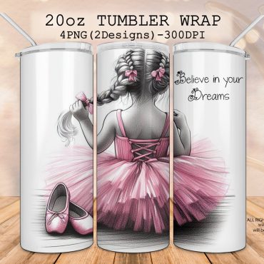 Digital Ballet 20oz tumbler, little ballet dancer seated from behind in a pink tutu with a braid and ballet slippers, digital Sublimation