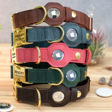 Custom Leather AirTag Dog Collar with Name, Personalized Dog Collar with Protective Cover for AirTag Tracking Device, Engraved AirTag Collar