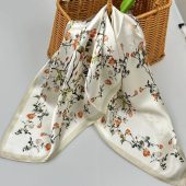 53cm 100% Mulberry Silk Square Scarf, Women's Scarf, Fashion Scarf, Bandana, Headband, Bag Accessory, Gift Idea Beige flowers,gift