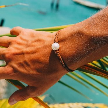 White Pearl Bracelet with Leather Cord | Handmade Beach Jewelry | Unisex Gift for Her