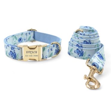 Blueberries Personazlied Dog Collar and Leash - Engraved Dog Collar and Lead - Blueberry Customised Dog Collar & Bow Tie - Fruity Collar