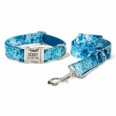 Blue Waves Personalized Dog Collar and Leash - Engraved Dog Collar and Lead - Blue Water Customised Dog Collar - Ocean Engraved Dog Collar