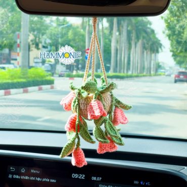 Crochet Tulip Hanging Plant, Crochet Flowers Pot Car Mirror Hanging, Cute Car Decor, Car Accessories for Women, Plant Lover Gift, Mum Plant
