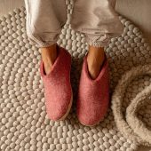 Woollyes Cherry Pink Indoor Open Heel Slippers with Leather Sole - Handmade Comfort Footwear - Eco-friendly Woolen Slippers