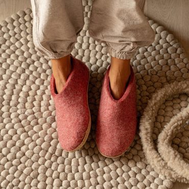 Woollyes Cherry Pink Indoor Open Heel Slippers with Leather Sole - Handmade Comfort Footwear - Eco-friendly Woolen Slippers