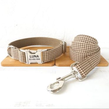 Brown Shepherd Check Personalized Dog Collar and Leash - Engraved Dog Collar,Leash & Bow Tie - Brown Customised Gingham Plaid Boy Dog Collar
