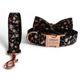 Black Floral Personalized Dog Collar and Leash - Roses Engraved Girl Dog Collar & Lead - White Flowers on Black Dog Collar with Bow Tie