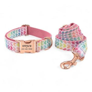 Colorful Hearts Pink Personalized Dog Collar and Leash - Pink Hearts Engraved Dog Collar & Lead - Girly Girl Dog Collar Leash and Bow Tie
