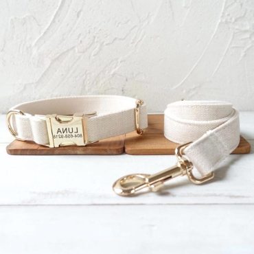 Cream Beige White Wedding Personalized Dog Collar and Leash - Engraved Bridal Dog Collar and Leash - Cream Off-White Dog Collar and Bow Tie