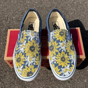 Sunflowers and Daisy Flowers on Navy Slip On Vans Shoes - Men's and Women's Custom Vans Sneakers