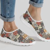 Slip-on Shoes, Women's Mesh Sneakers with Cat Design