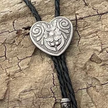 Silver Heart Bolo Tie - Handmade Western Gifts for Him Leather Necktie Accessories Women's Rodeo Gear Girls Flower Rose Necklace Bola Tips