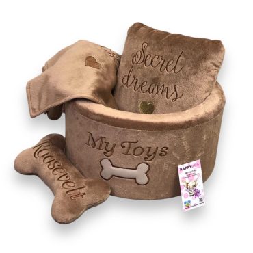 Brown Personalized Toy Basket for Dogs and Cats