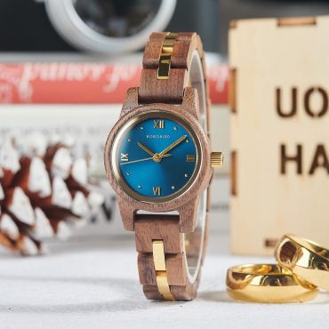 Handmade Wooden Women's Watch - Blue Dial, Gold Accents, Minimalist Design, Eco-Friendly, Perfect Gift for Her, Stylish & Unique Accessory