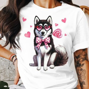 Cute Husky T-Shirt, Adorable Dog with Heart Glasses, Sweet Puppy Tee, Fun Animal Lovers Shirt, Valentine's Day Gift, Cute Pet Outfit