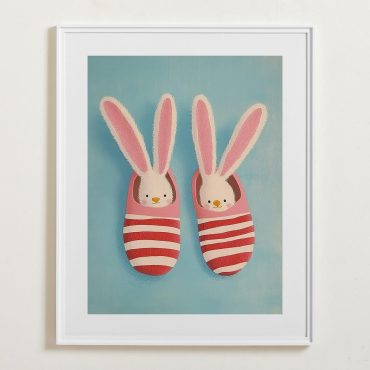 Bunny Slippers Art, Stripe Wall Art, Nursery Deco, Children's Poster, Kids Room Print, Pink Bedroom Art, Instant Download,Printable Wall Art