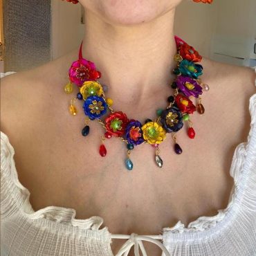 Handmade Palm Necklace and Earrings Set - Colorful Floral Design - Boho Artisan Jewelry for Women - Mexican Statement Accessories