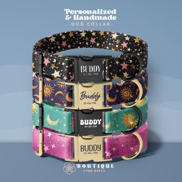 Celestial Dog Collars with Name and Phone Number, Boutique Stars & Moons Dog Collar, Comfy Handcrafted Dog Collar