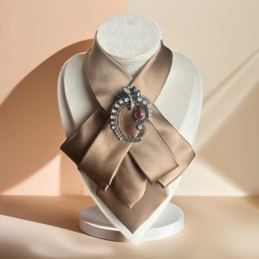 Elegant  Necktie Necklace  for Women -  Handmade Bow Tie Accessory with Antique Pin  - Skinny scarf -   Gift for Fashionable  Friend