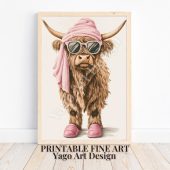 Cowgirl Highland Cow in Slippers Art Print, Retro Farmhouse Bathroom Decor, Trendy Preppy Pink Bathroom Poster, Bathroom Wall Decor,Dorm Art