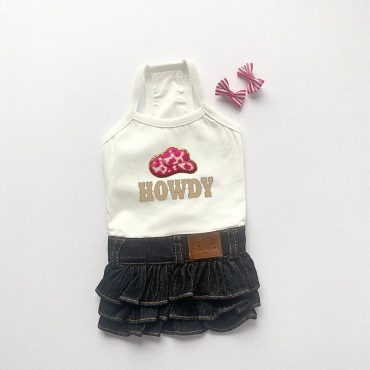 Cute Dog Dress for Dog Clothes with Cowgirl Hat Howdy Design Pet Shirt for Puppy Dress Harness Pet Dress Western Theme Dog Outfit Denim Tank