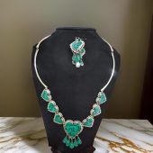 Handmade Alpaca Silver Necklace & Earrings Set with Green Turquoise Inlay | Mexican Artisan Jewelry | Boho Chic Accessories for Women