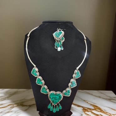 Handmade Alpaca Silver Necklace & Earrings Set with Green Turquoise Inlay | Mexican Artisan Jewelry | Boho Chic Accessories for Women