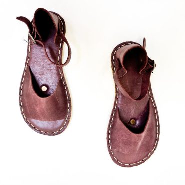 Grounding Sandal Women, Barefoot Sandal For Women, All Leather Shoes, Leather Sandal With Copper Rivet, Minimalistic Flat Sandals | Burgundy