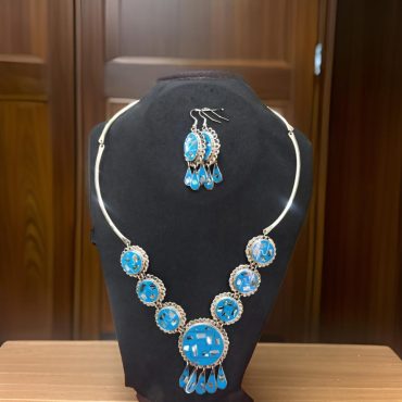 Handmade Alpaca Silver Necklace & Earrings Set with Turquoise Inlay | Mexican Artisan Jewelry | Boho Chic Statement Accessories for Women