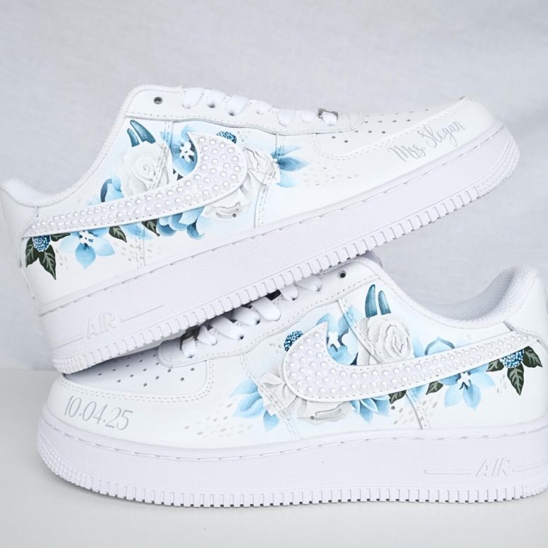 Custom AF1 Wedding Sneakers For Bride • Pearl And Handpainted Flowers  • Unique Mom Of The Bride Shoes • Personalized Birthday Gift • NK_29