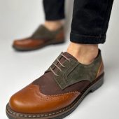 Women brogue shoes, brown green cognac combined colors oxfords