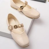 Cream Color Buckled Ballerinas - Elegant Women's Shoes - Mary Jane Ballerinas